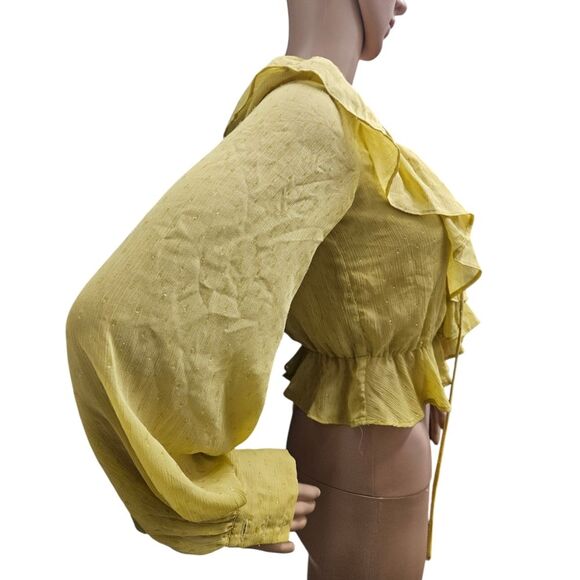 X by NBD Mustard Long Sleeve Ruffle Lace Up Top - Picture 4 of 10